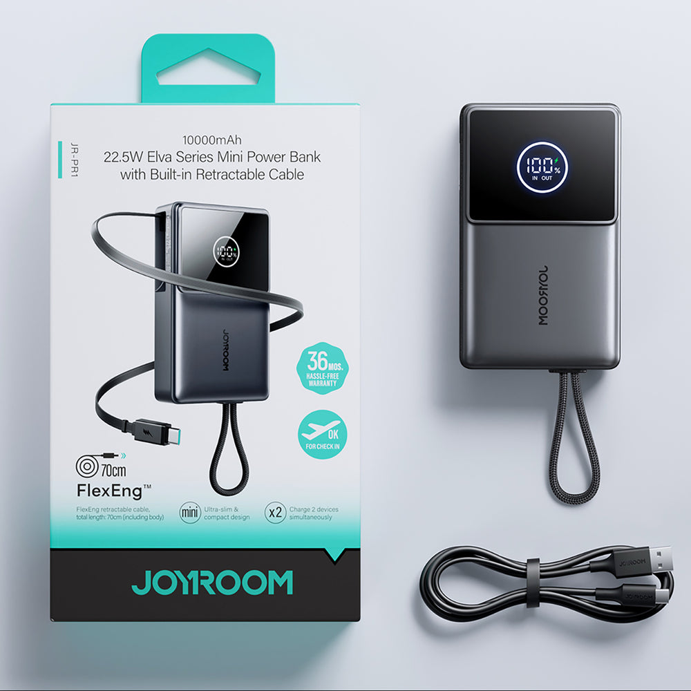 Powerbank Joyroom JR-PR1 10000mAh 22.5W com Cabo USB-C Retrátil Integrado – Preto